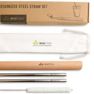 Stainless Steel Straws & Wooden Case Set - 1 Case   2 Straws