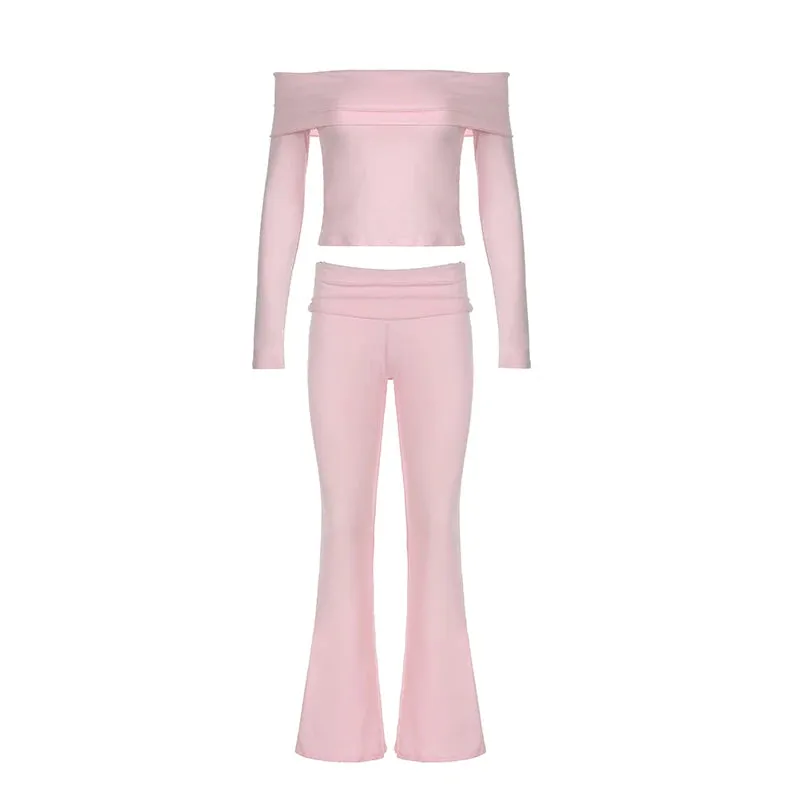 Streetwear Pink Skinny Two Pieces Set Women Solid Basic Off Shoulder T-shirt Flare Pants Sporty Outfits Tracksuit New