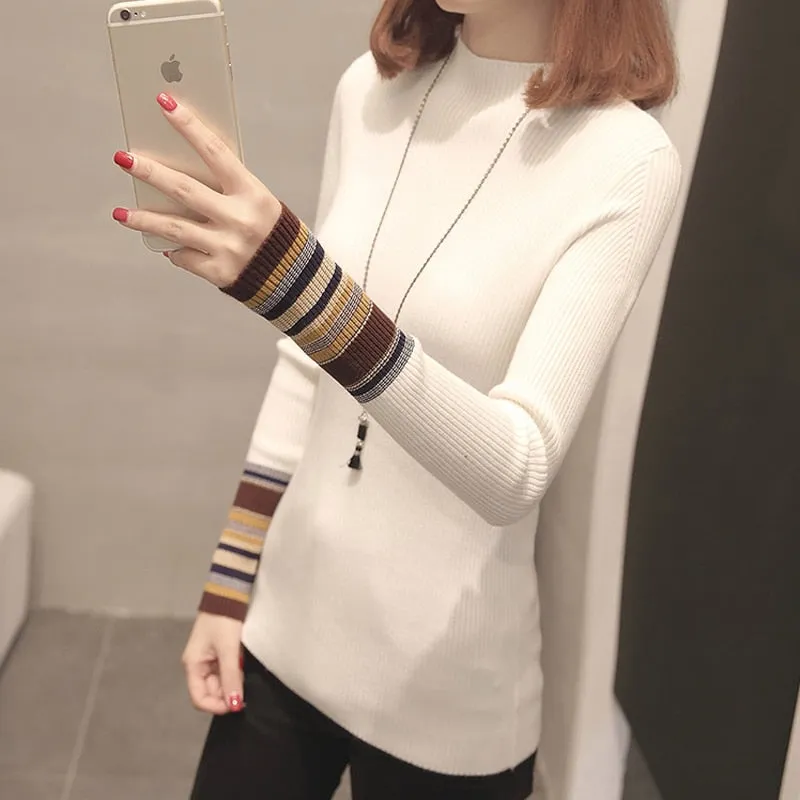 Striped Women Pullover Sweater Fashion Knitted Autumn Female Jumper Casual Korean Half Turtlenck Slim Ladies Base Blouse