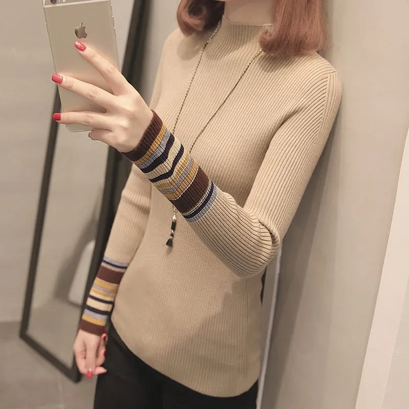 Striped Women Pullover Sweater Fashion Knitted Autumn Female Jumper Casual Korean Half Turtlenck Slim Ladies Base Blouse