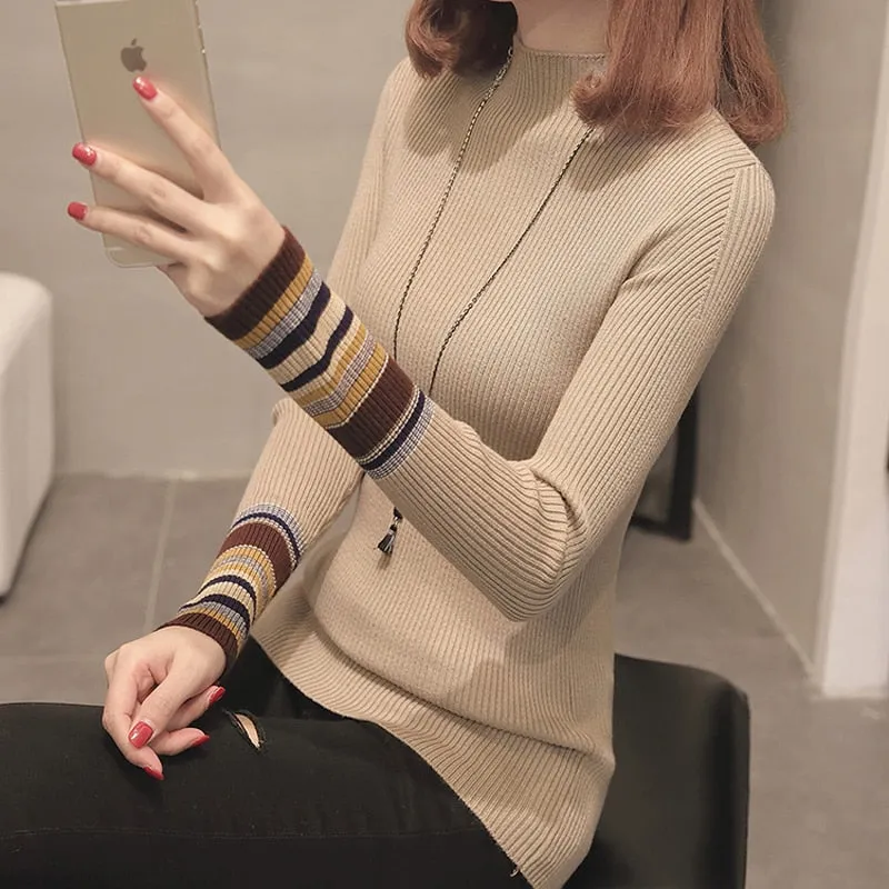 Striped Women Pullover Sweater Fashion Knitted Autumn Female Jumper Casual Korean Half Turtlenck Slim Ladies Base Blouse