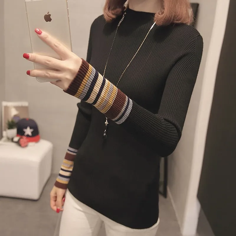 Striped Women Pullover Sweater Fashion Knitted Autumn Female Jumper Casual Korean Half Turtlenck Slim Ladies Base Blouse