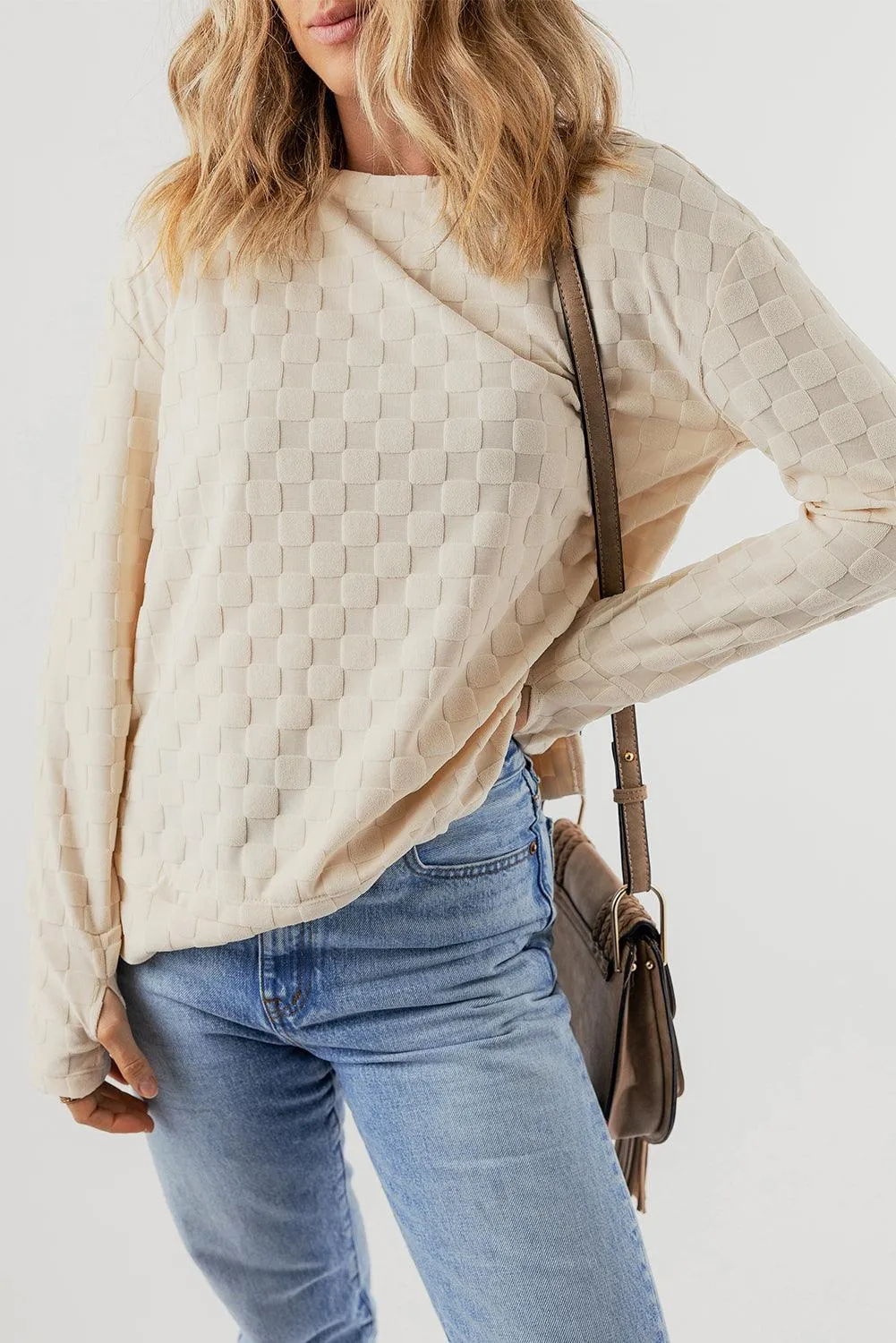 Thumbhole Solid Beig Long Sleeve Top