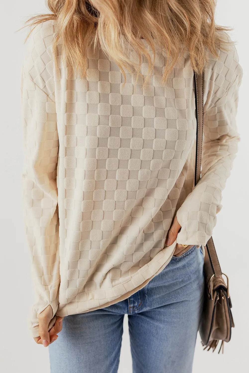 Thumbhole Solid Beig Long Sleeve Top