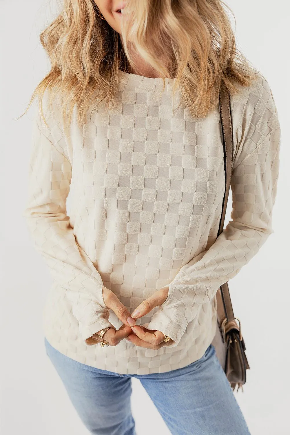 Thumbhole Solid Beig Long Sleeve Top