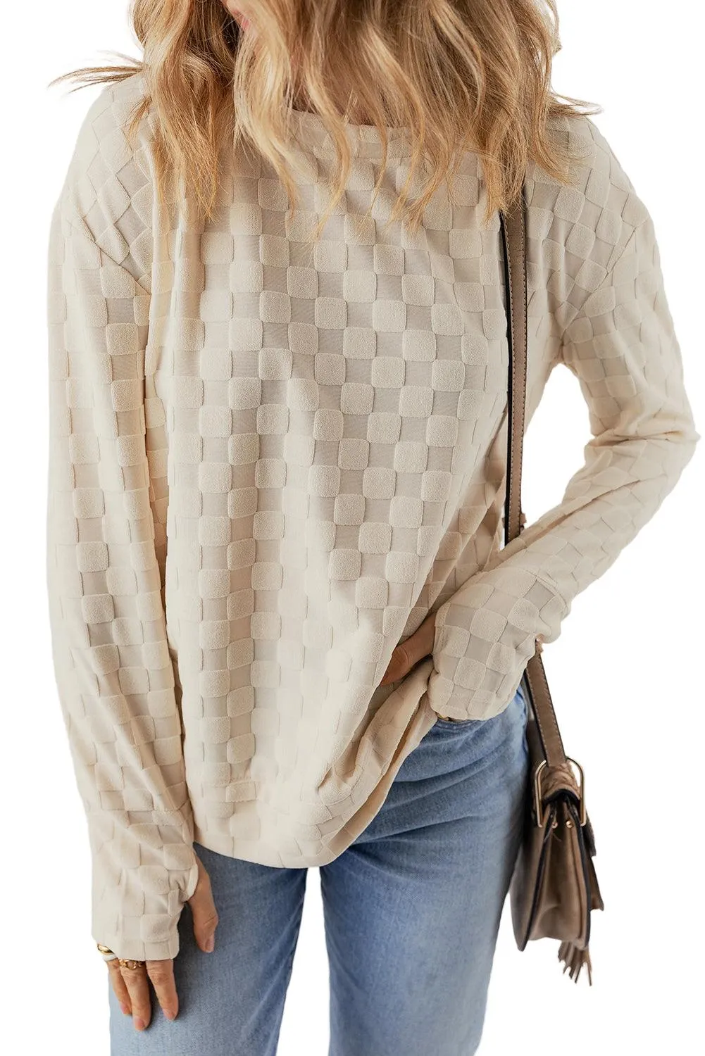 Thumbhole Solid Beig Long Sleeve Top