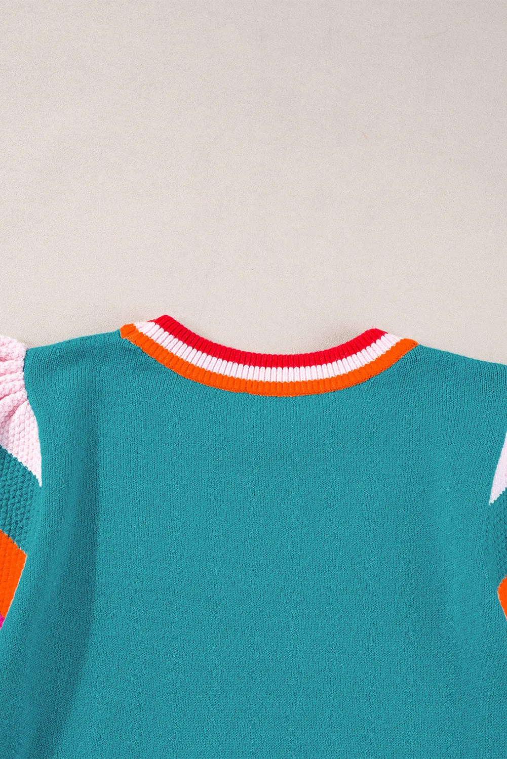 Turquoise Contrast Flutter Sleeves Knitted Sweater T Shirt