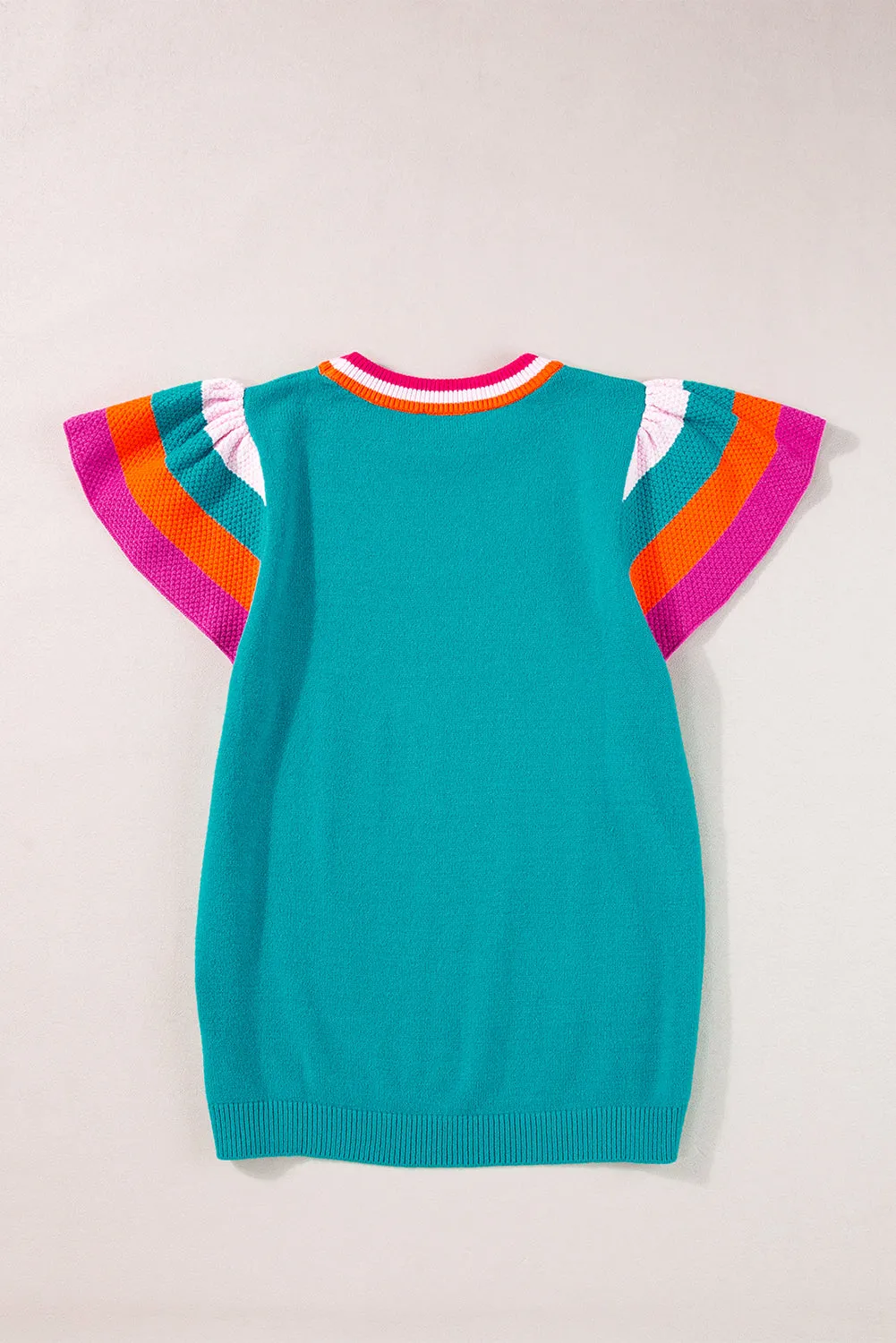 Turquoise Contrast Flutter Sleeves Knitted Sweater T Shirt