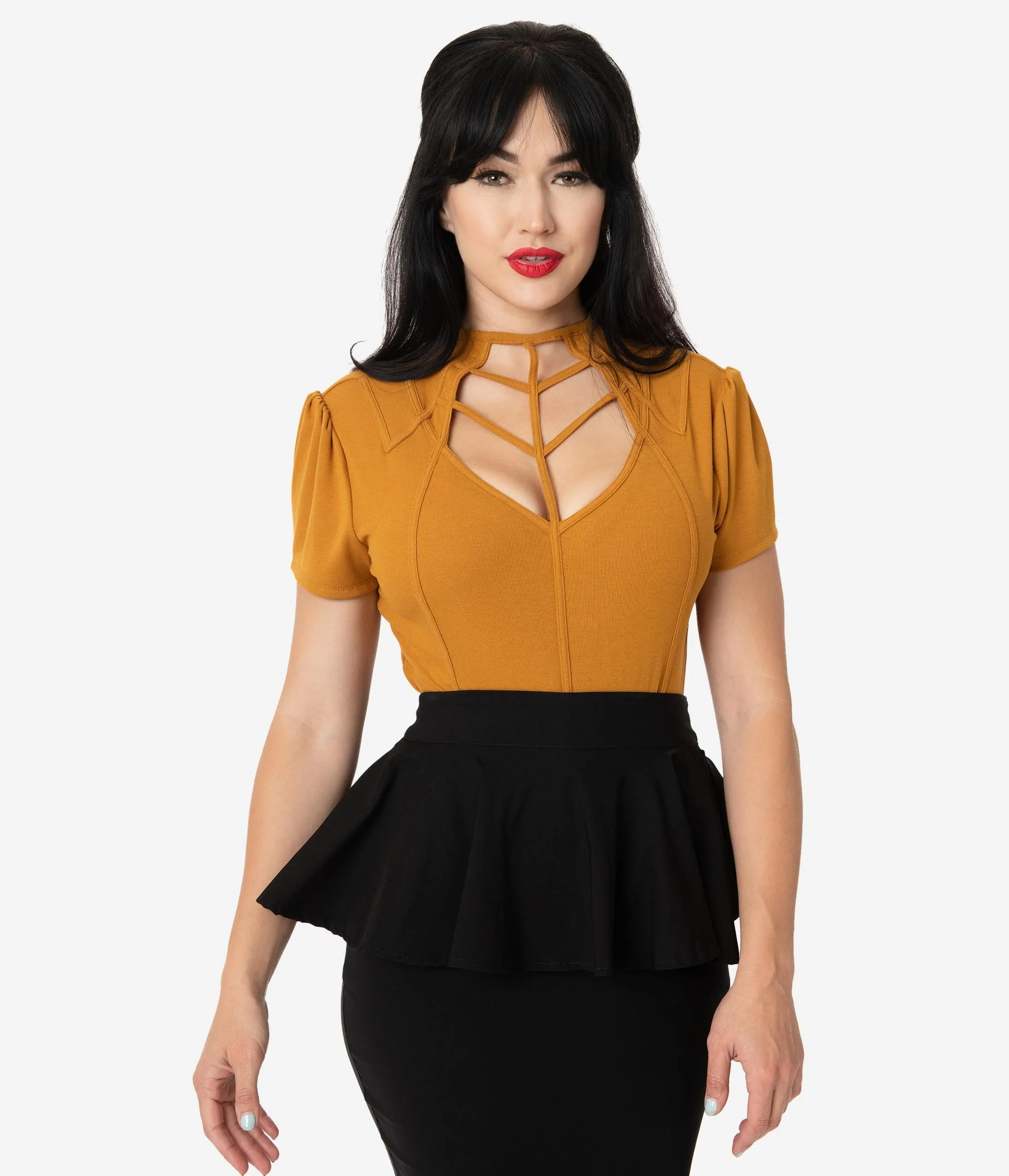 Unique Vintage Mustard Yellow Cage Knit Short Sleeve Lanie Top