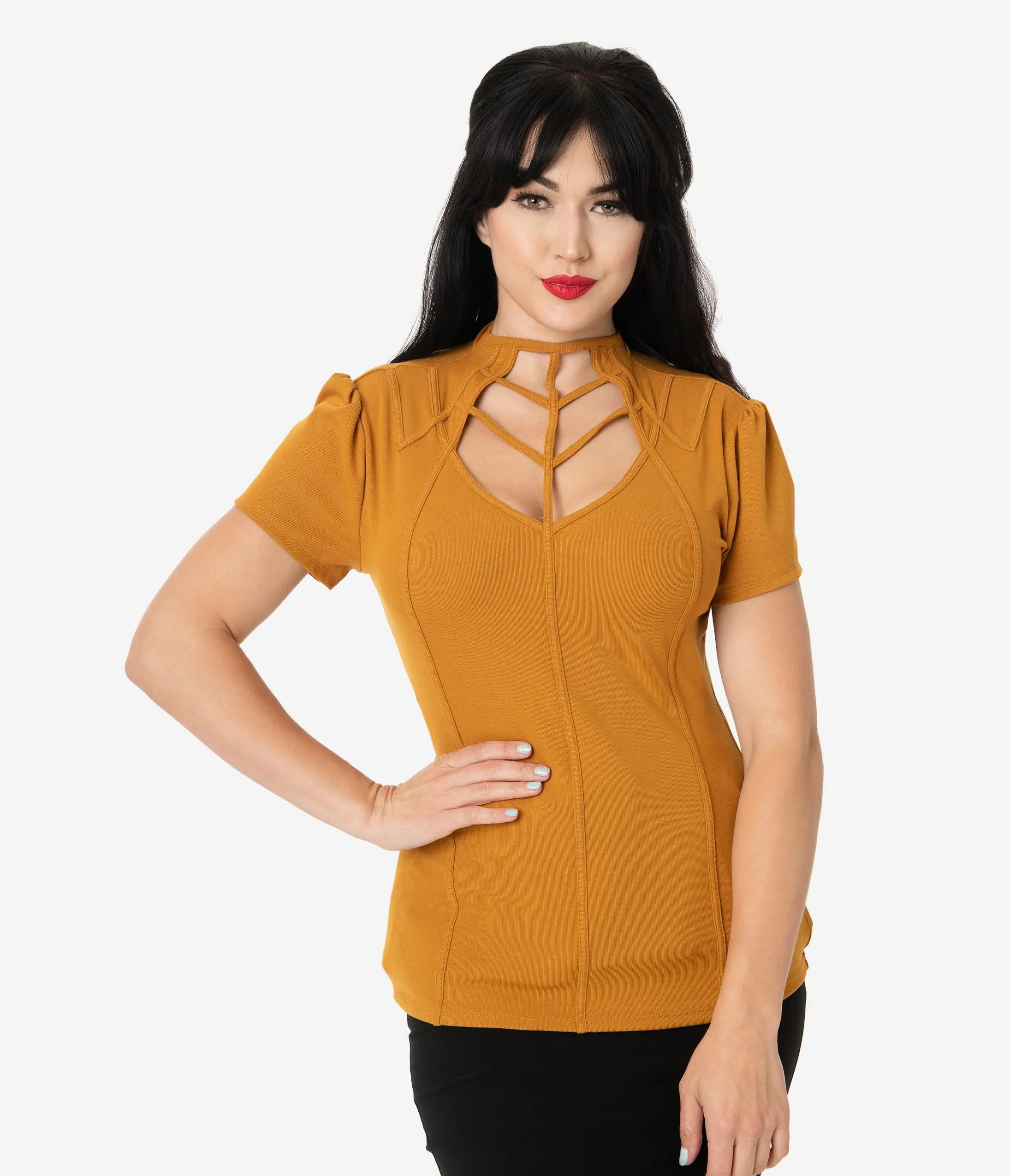 Unique Vintage Mustard Yellow Cage Knit Short Sleeve Lanie Top