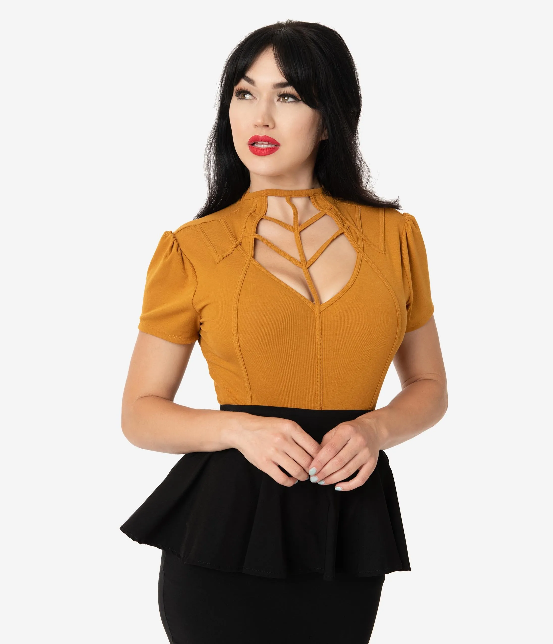 Unique Vintage Mustard Yellow Cage Knit Short Sleeve Lanie Top