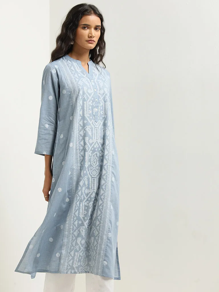 Utsa Dusty Blue Geometrical Design A-line Kurta