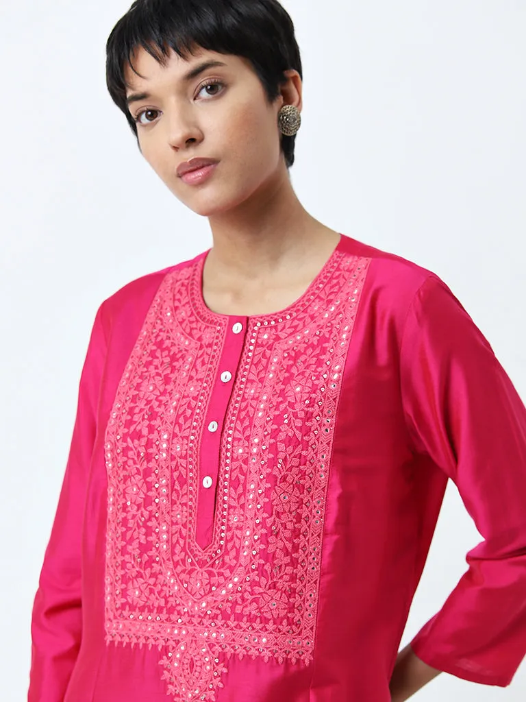 Utsa Fuchsia Embroidered Straight Kurta