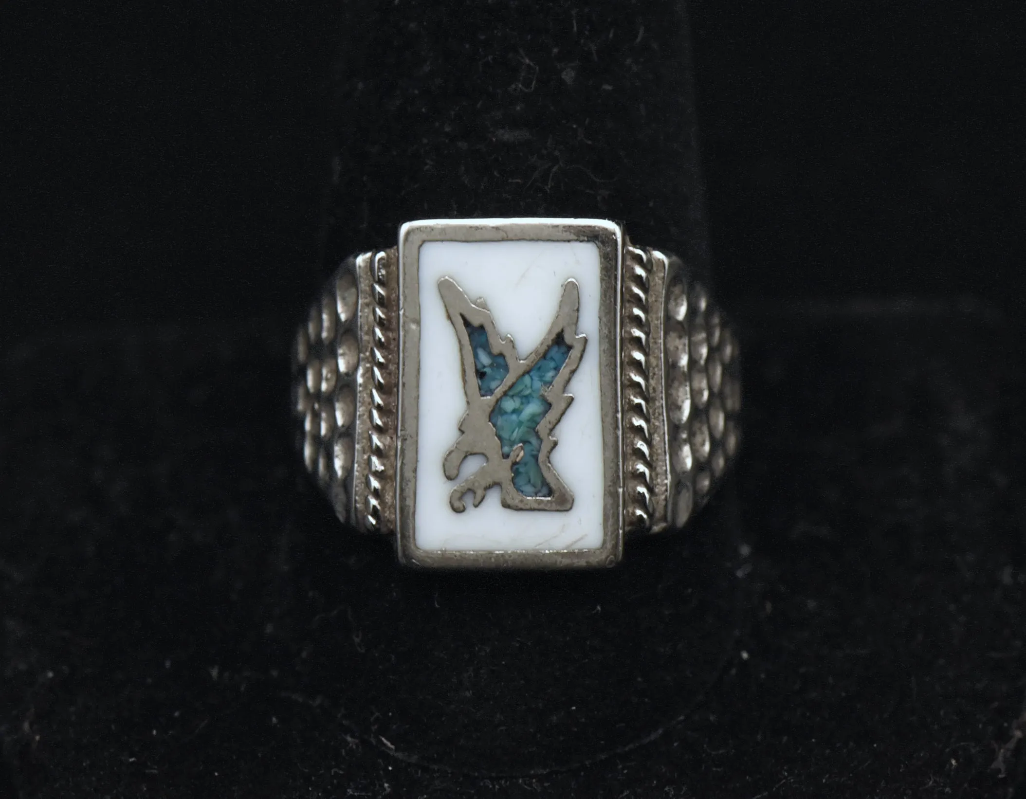 Vintage Eagle Stone and Enamel Silver Plated Ring - Size 11.25