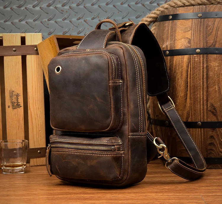 Vintage Leather Sling School Backpack for Men