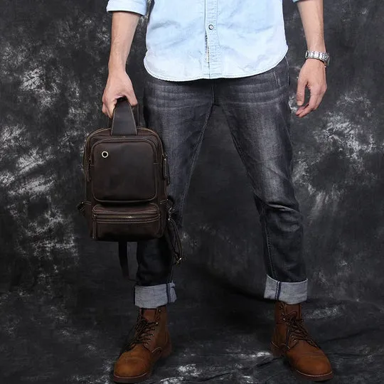 Vintage Leather Sling School Backpack for Men