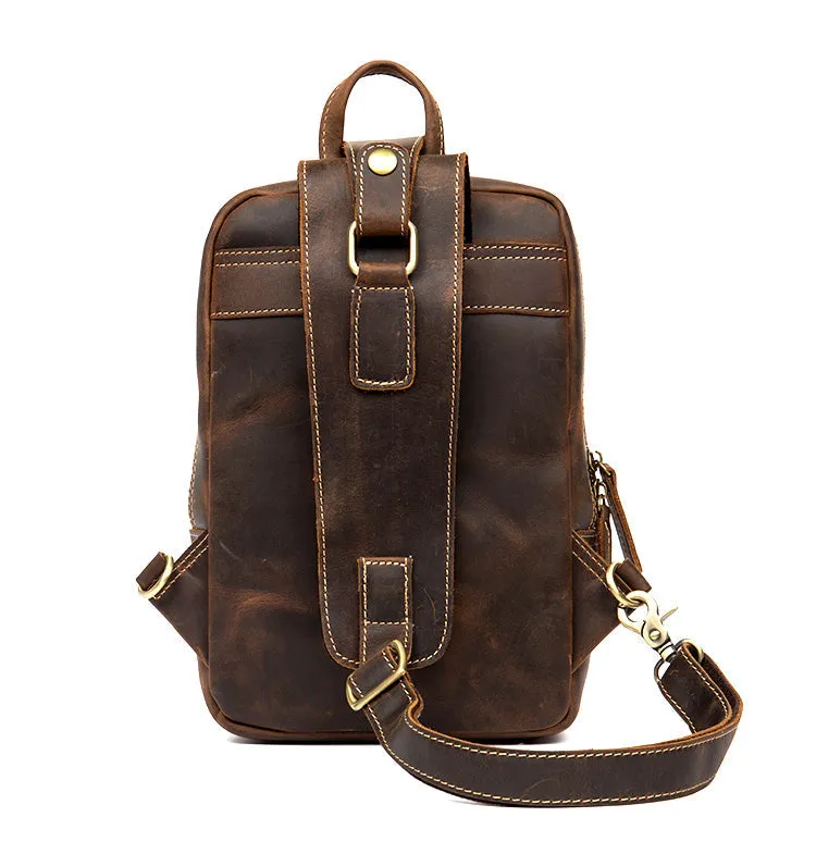 Vintage Leather Sling School Backpack for Men