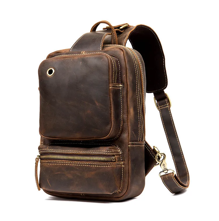 Vintage Leather Sling School Backpack for Men