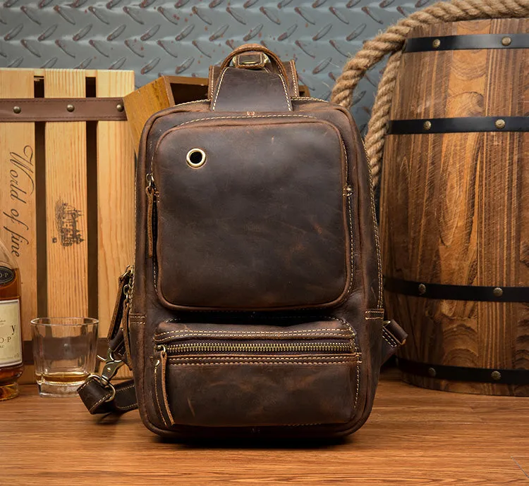 Vintage Leather Sling School Backpack for Men