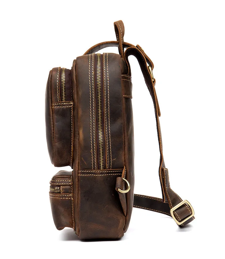 Vintage Leather Sling School Backpack for Men