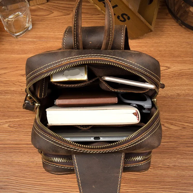 Vintage Leather Sling School Backpack for Men