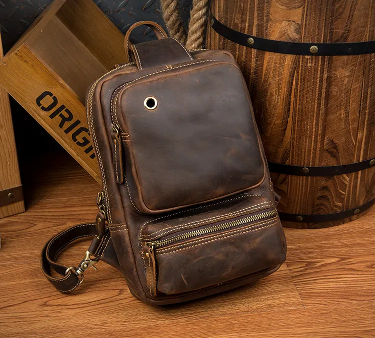 Vintage Leather Sling School Backpack for Men