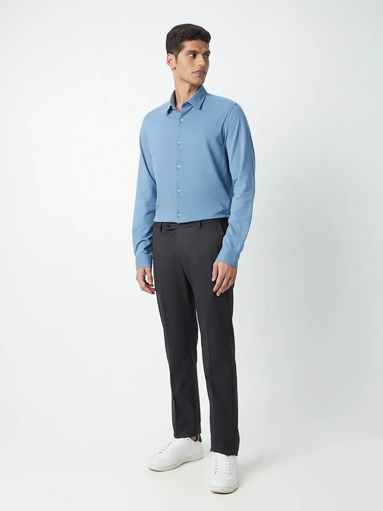 WES Formals Blue Self-Patterned Cotton Blend Slim-Fit Shirt