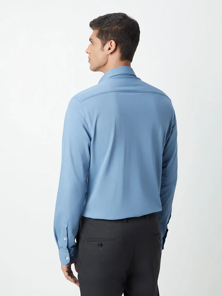 WES Formals Blue Self-Patterned Cotton Blend Slim-Fit Shirt