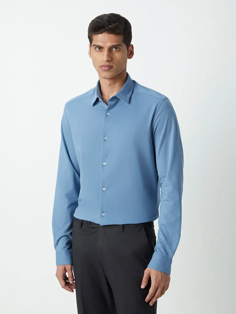 WES Formals Blue Self-Patterned Cotton Blend Slim-Fit Shirt