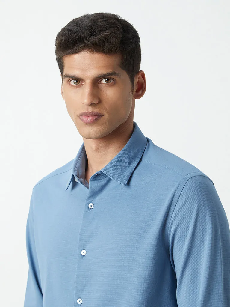 WES Formals Blue Self-Patterned Cotton Blend Slim-Fit Shirt