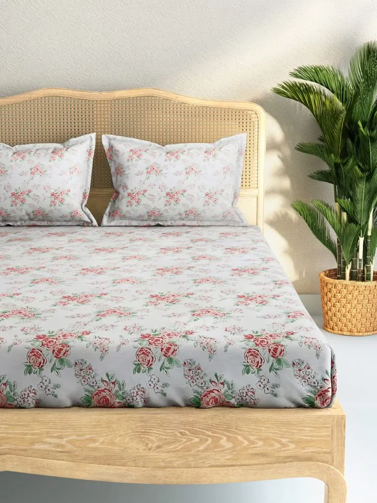 Westside Home Pink Rose Print 210TC Sateen King Bedsheet With Two Pillowcases