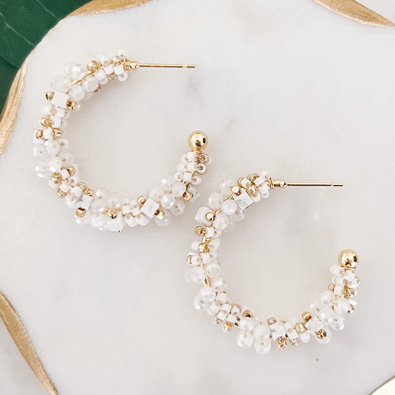 White Beaded Hoop Earrings