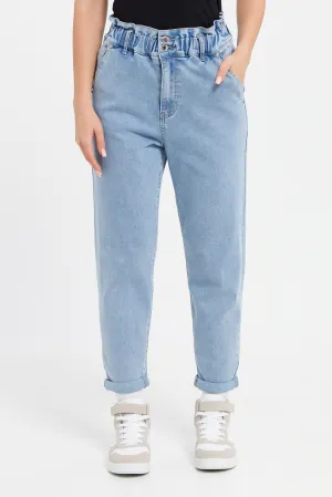 Women Blue Paper Bag Waist Jeans