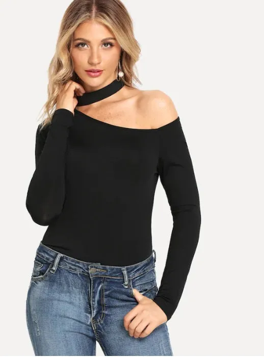 Women Casual Plain Asymmetric Neck Black Sexy Cut Long Sleeve Tee