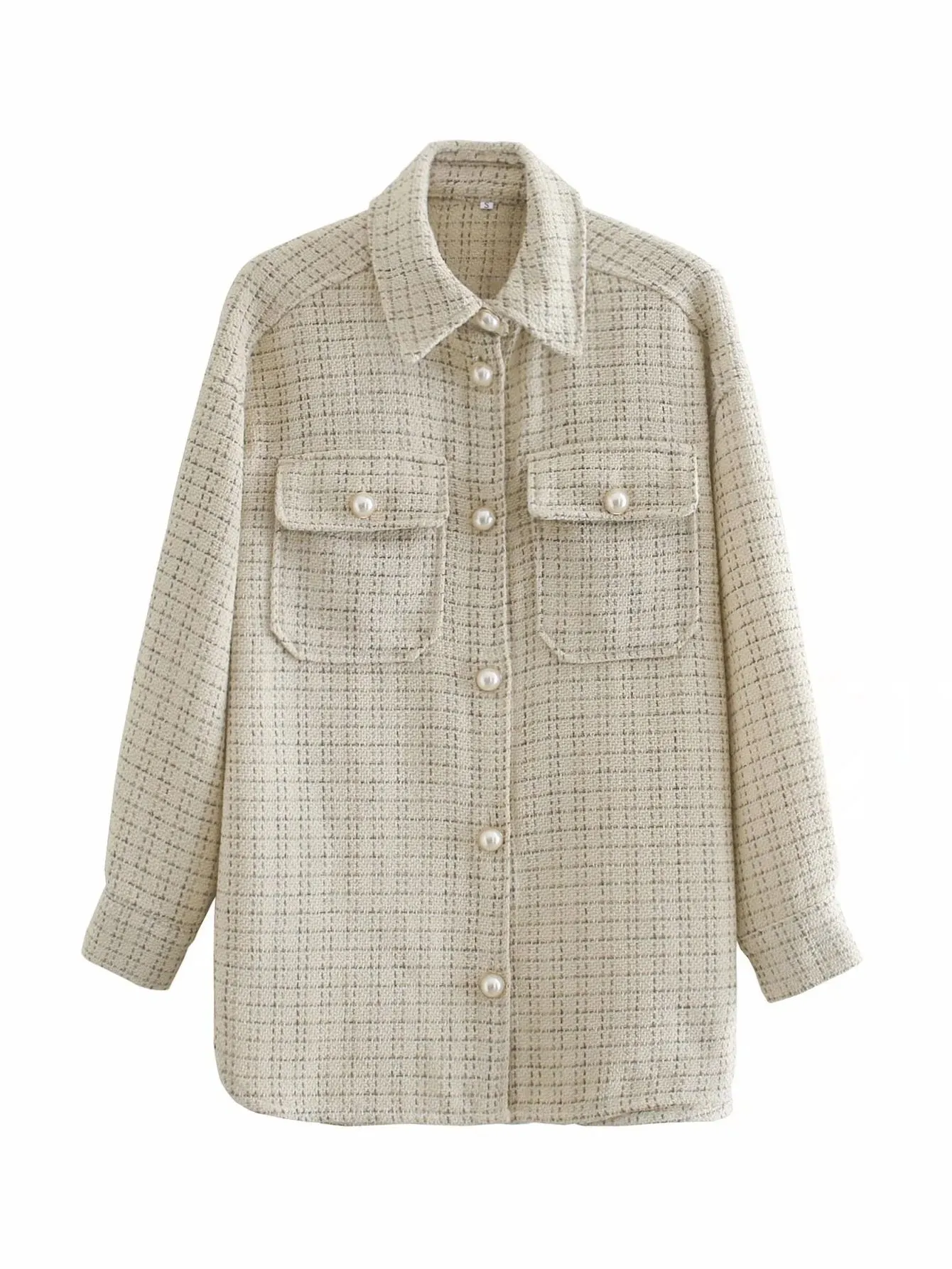 Women Pearl Button Long Sleeve Plaid Jacket