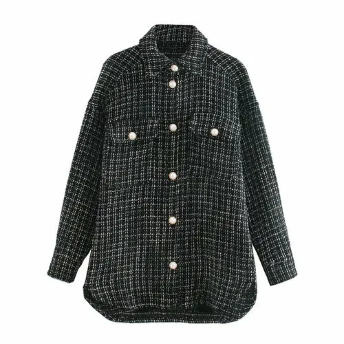 Women Pearl Button Long Sleeve Plaid Jacket