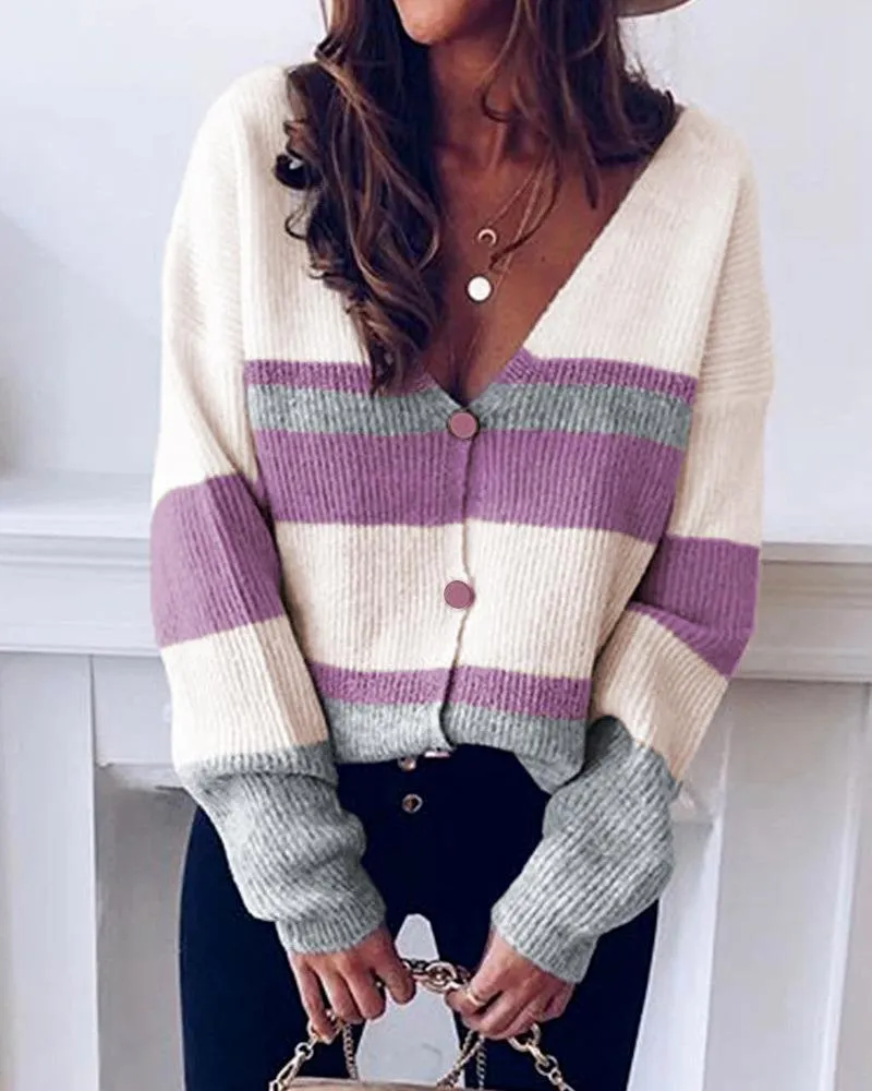 Women Vintage Striped Autumn Winter Short Cardigan