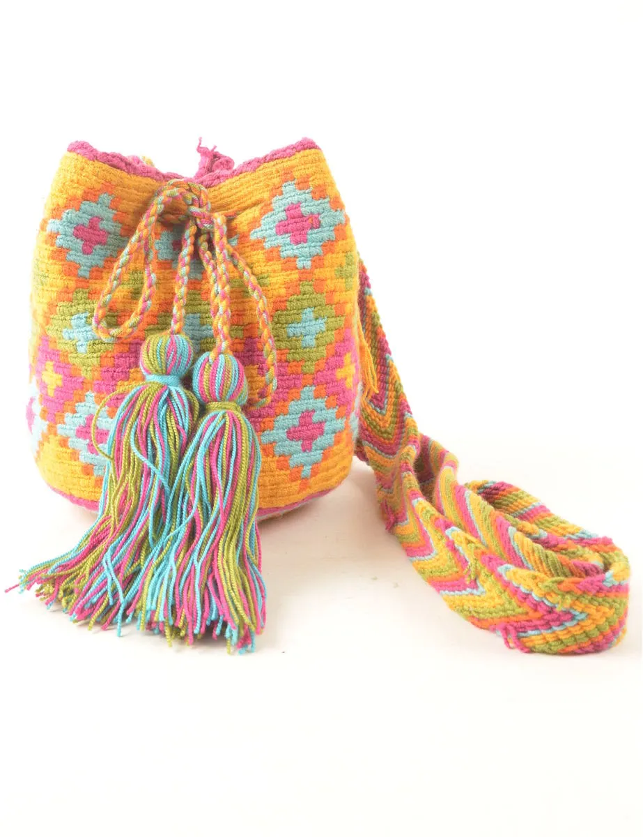 Woven Multi-Colour Pom Pom Detail Bucket Bag - S