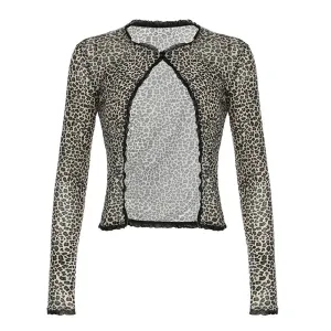 Y2k Sexy Leopard Print Long Sleeve Top Lace Trim Mesh Sheer Shirts Trending 2024 Fashion for Women Cardigan P84-BE10