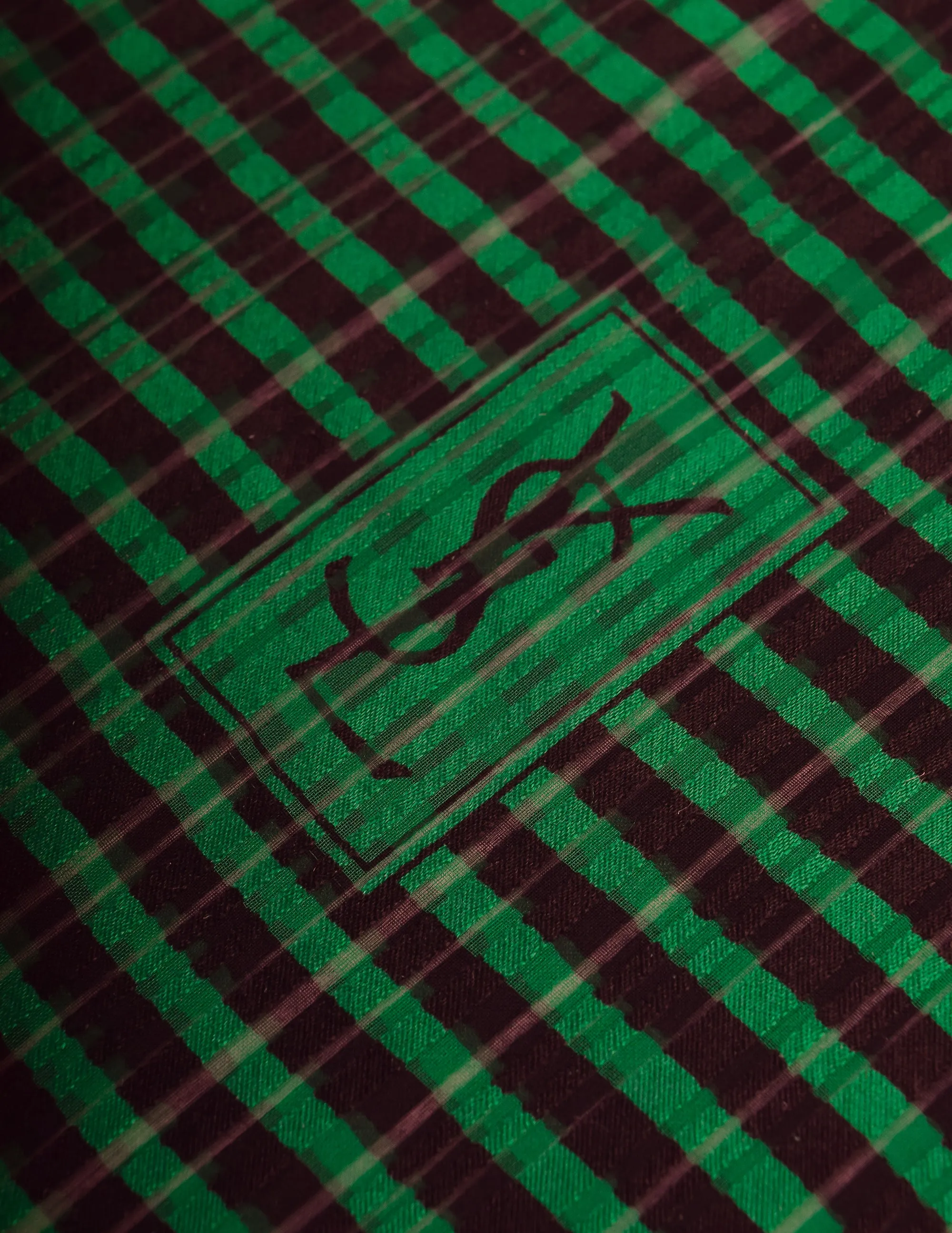 Yves Saint Laurent Vintage Green Black Striped Jacquard YSL Logo Rectangular Oblong Silk Scarf