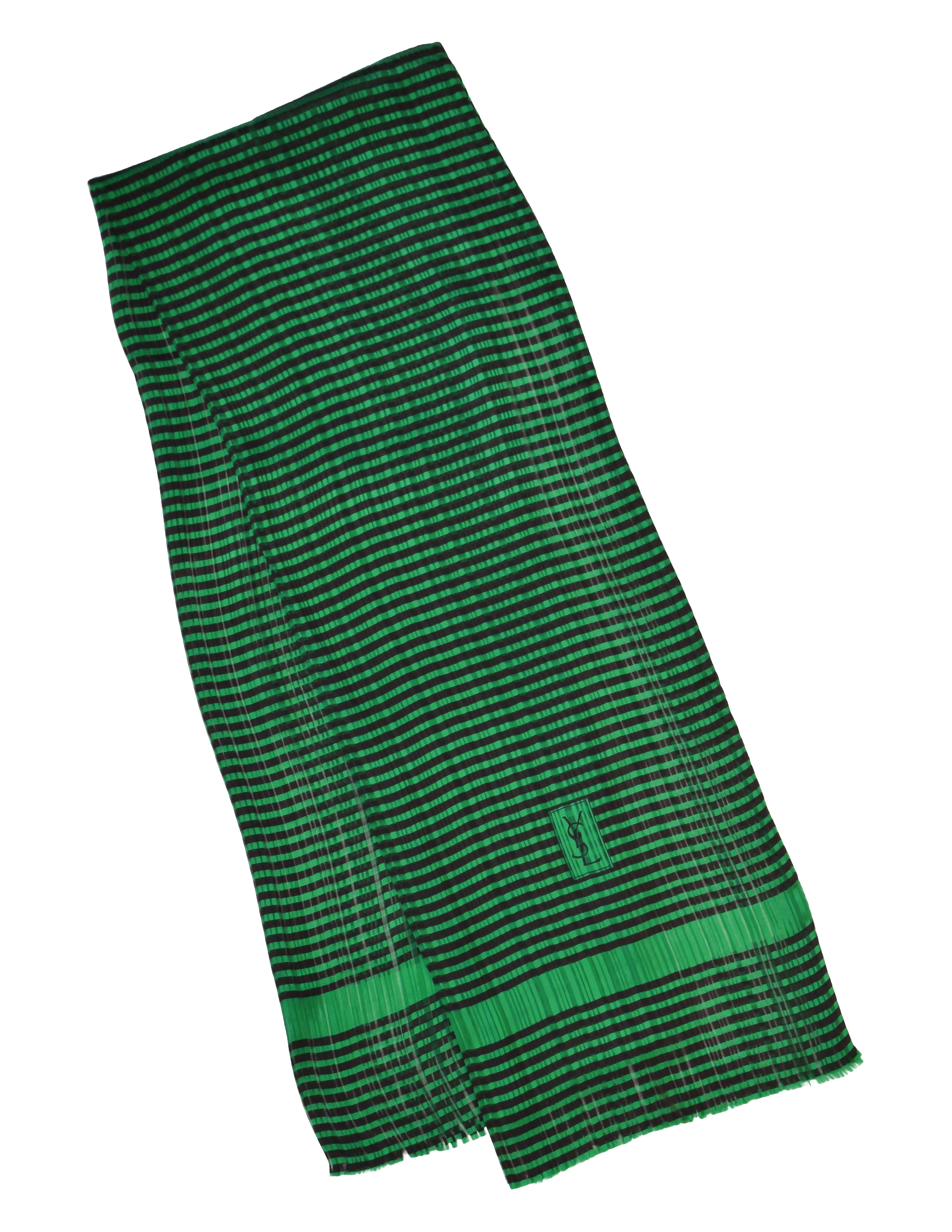 Yves Saint Laurent Vintage Green Black Striped Jacquard YSL Logo Rectangular Oblong Silk Scarf